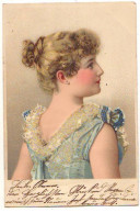 N°23007 - Fantaisie - Jeune Femme De Dos Portant Une Robe Bleue - Carte Avec Des Perles - Women