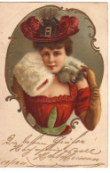 N°23006 - Carte Gaufrée - Fantaisie - Jeune Femme Portant Un écharpe En Fourrure, Et Un Chapeau à Plume - Women