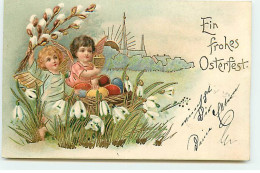 N°20783 - Carte Gaufrée - Ein Frohes Osterfest - Angelots Avec Une Corbeille D'oeufs - Easter
