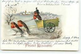 N°20778 - Prosit Neujahr - Attelage D'Oiseaux Humanisés Transportant Des Lettres - Paillettes - New Year