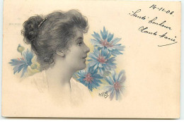 N°20771 - HMB - Portrait De Femme Fleurs Bleues - Sonstige & Ohne Zuordnung