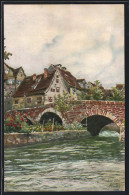 Künstler-AK Ulm / Donau, Häuslesbrücke An Der Blau  - Ulm