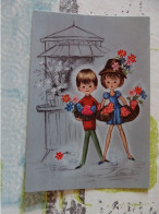 Cp Dessin Illustration Couple Enfants Panier De Fleurs Et Kiosque - Zeitgenössisch (ab 1950)