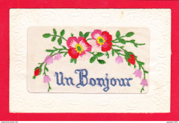 Brodee-277A103  UN BONJOUR, Fleurs Et Feuillage, Cpa BE - Brodées