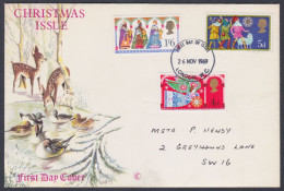 GB Great Britain 1969 Private FDC Christmas, Deer, Duck, Wildlife, Christianity, First Day Cover - Brieven En Documenten