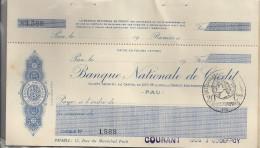 CHEQUE CHECK FRANCE BANQUE NAT. DE CREDIT 1940'S AG. PAU - Chèques & Chèques De Voyage