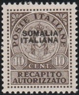 262 - Somalia 1929 - Recapito Autorizzato - 10 C. Azzurro N. 1. Cert. Chiavarello Cat. € 330,00.MNH - Somalie