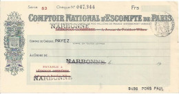 CHEQUE CHECK FRANCE COMPTOIR NAT. D'ESC. DE PARIS 1930'S AG. NARBONNE - Cheques & Traveler's Cheques