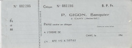CHEQUE CHECK FRANCE P. GIGON BANQUIER 1930'S AG.CANY - Chèques & Chèques De Voyage