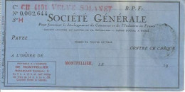 CHEQUE CHECK FRANCE SOCIETE GENERALE 1940'S AG. MONTPELLIER AZUL - Schecks  Und Reiseschecks