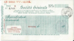 CHEQUE CHECK FRANCE SOCIETE GENERALE 1940'S AG.VERVINS - Cheques & Traveler's Cheques