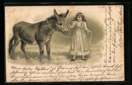 Lithographie Mädchen Mit Esel  - Esel