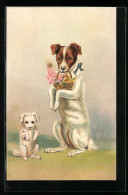 Präge-Lithographie Zwei Hunde Als Gratulanten Mit Geschenkkorb  - Chiens