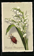 Lithographie Maikäfer Mit Maiglöckchenstrauss, Pfingstgruss  - Insects