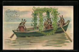 Lithographie Maikäfer In Einem Geschmückten Ruderboot, Pfingstgruss  - Insects