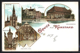 Lithographie Konstanz / Bodensee, Inselhotel, Conciliumgebäude, Schnetzthor, Münster  - Konstanz