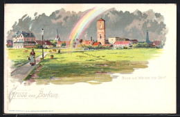 Lithographie Borkum, Blick Von Der Weide Ins Dorf, Mit Regenbogen  - Borkum