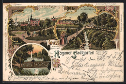 Lithographie Hagen / Westfalen, Restaurant Hagener Stadtgarten, Schwanenteich, Partie Im Stadtgarten  - Hagen