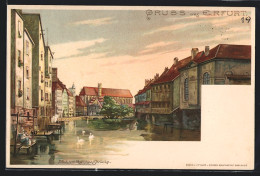 Lithographie Erfurt, Blick V. D. Rathausbrücke Auf Die Kleine Synagoge, Beleuchtete Fenster  - Judaisme