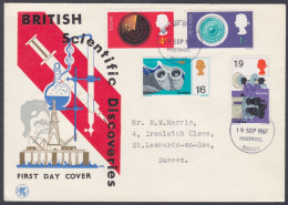 GB Great Britain 1967 Private FDC Oil Well, Fossil, Science, Chemistry, Radar, Penicillin, Jet Engine, Scientist, Cover - Brieven En Documenten