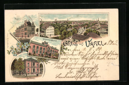 Lithographie Varel / Oldenburg, Post, Landwirtschaftsschule, Rathaus  - Varel