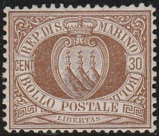 296 - San Marino 1877 - 30 C. Bruno N. 6 Con Discreta Centratura. Cat. € 1200,00. MH - Neufs