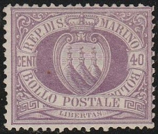 297 - San Marino 1877 - 40 C. Lilla Scuro N. 7. Cat. € 600,00. SPL MH - Unused Stamps
