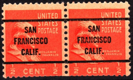 USA Precancels 1938 Sc803 Presidential ½c Franklin. CA. SAN /FRANCISCO / CALIF. PAIR - Precancels