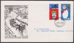 GB Great Britain 1966 Private FDC Christmas, Snow, Horse Carriage, Snowman, Drawing, Christianity, First Day Cover - Brieven En Documenten