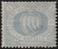 299 - San Marino 1894 - L. 1 Oltremare N. 31. Cert. D. Bolaffi. Cat. € 1400,00. SPL MH - Ungebraucht