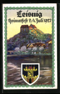 Künstler-AK Leisnig, Heimatfest 2.-4. Juli 1927, Ortsansicht, Wappen  - Leisnig