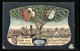 Lithographie Augsburg, Ortsansicht Zum Jubiläums-Volksfest 1906, Augsburger Und Bayrisches Wappen  - Augsburg