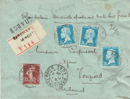 Tarifs Postaux France Du 25-03-1924 (36) Pasteur N° 177 75 C. + 20 C. Semeuse  LR Chargée 3è 25-03-1925 - 1922-26 Pasteur
