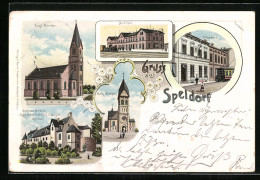 Lithographie Speldorf / Duisburg, Bahnhof, Kath. Kirche, Schloss Broich, Evgl. Kirche  - Duisburg