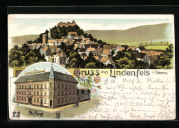 Lithographie Lindenfels I. Odenw., Hotel Zum Odenwald, Ortsansicht Mit Burg  - Odenwald