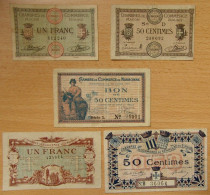 5 Billets Nécessité Chambre Commerce  / Bourg En Bresse, Narbonne St Malo  Aveyron 1917 à 1920 - Chambre De Commerce
