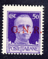 1944 - G.N.R. Tiratura Di Verona - 50 C. Varietà Errore Di Colore Rosso Anzichè Nero - Nuovo MNH (2 Immagini) - Neufs