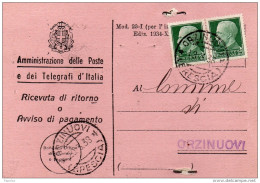 1938 RICEVUTA DI RITORNO  CON ANNULLO ORZINUOVI BRESCIA - Marcophilie