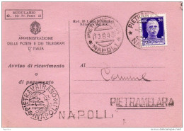 1943 RICEVUTA DI RITORNO  CON ANNULLO PIETRAMELARA NAPOLI - Marcophilie