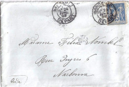 13 / BOUCHES DU RHONE / MARSEILLE DEPART / OBL.MANU. TYPE A2 / 24.4.1892  S.LETTRE - Manual Postmarks