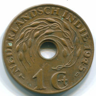 1 CENT 1945 D INDES ORIENTALES NÉERLANDAISES INDONÉSIE INDONESIA Bronze Colonial Pièce #S10406.F.A - Niederländisch-Indien