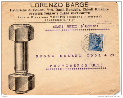 1923  LETTERA INTESTATA LORENZO BARGE FABBRICHE DI BULLONI VITI  CON ANNULLO TORINO - Marcophilie