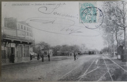 C. P. A. : 92 : COURBEVOIE : Station De Tramways, "Magasin Bois Charbons", Animé, Timbre En 1908 - Courbevoie