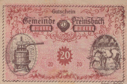 20 HELLER 1920 Stadt Preinsbach Niedrigeren Österreich Notgeld #PI417 - [11] Local Banknote Issues