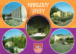 KARLOVY VARY, MULTIPLE VIEWS, ARCHITECTURE, FOUNTAIN, CAR, BRIDGE, EMBLEM, CZECH REPUBLIC, POSTCARD - Czech Republic
