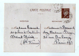 TB 4841 - 1941 - Entier Postal Type PETAIN - Mme RENARD à SAINT - YRIEIX Pour Mme BERNARD, Chez Mme BIOGEAU à PARIS - Cartes Postales Types Et TSC (avant 1995)