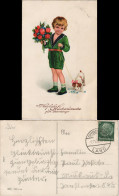 Glückwunsch/Grußkarten: Geburtstag Junge Mit Hund Und Blumenstrauss 1938 - Anniversaire