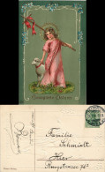 Mädchen Mit Osterlamm, Feilchen - Ostern (Easter) 1910 Goldrand/Prägekarte - Pâques