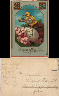 Glückwunsch Grußkarte OSTERN Geprägtes Küken Mit Ostereiern 1910 Goldrand - Pâques