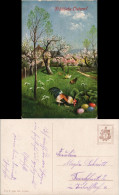 Glückwunsch Grußkarte Ostern Hahn Und Hennen Mit Ostereiern 1920 - Ostern